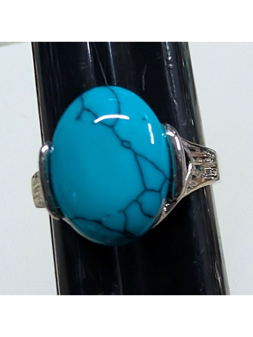 New Oval Faux Turquoise Cabochon Ring Plus Size 9 Silver Tone Blue Stone Marbled
